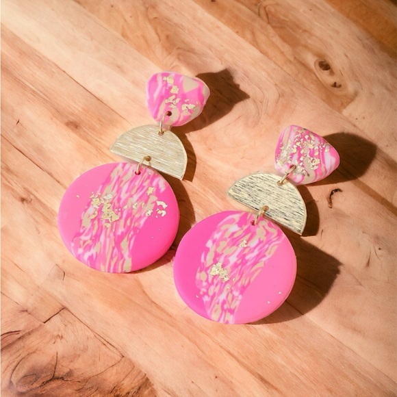 Pink and Gold Geometric Patchwork Earrings - Picture 2 of 3